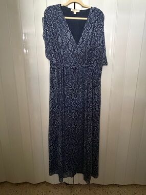 Navy Snakeskin Printed V-Neck Drawstring Maxi Dress